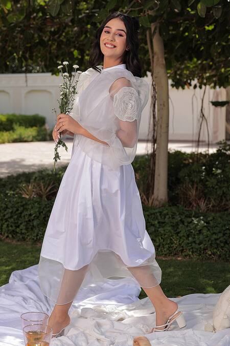 Buy Meher By Islie White Cotton Applique Round Neck Rose Puffy Sleeve Dress Online at Aza Fashions Buy_Meher By Islie_White Cotton Applique Round Neck Rose Puffy Sleeve Dress _Online_at_Aza_Fashions