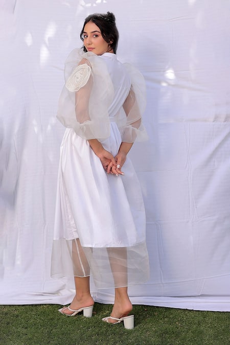 Shop Meher By Islie White Cotton Applique Round Neck Rose Puffy Sleeve Dress at Aza Fashions Shop_Meher By Islie_White Cotton Applique Round Neck Rose Puffy Sleeve Dress _at_Aza_Fashions