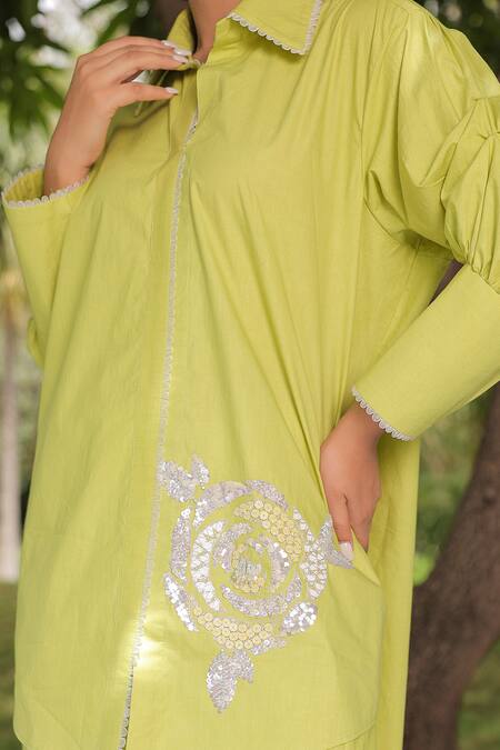 Buy Meher By Islie Green Cotton Embroidery Collared Rose Bud Hand Shirt With Pant Online at Aza Fashions Buy_Meher By Islie_Green Cotton Embroidery Collared Rose Bud Hand Shirt With Pant _Online_at_Aza_Fashions