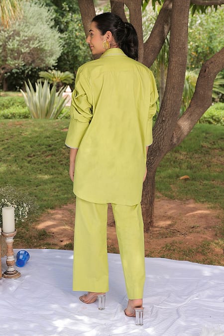 Shop Meher By Islie Green Cotton Embroidery Collared Rose Bud Hand Shirt With Pant at Aza Fashions Shop_Meher By Islie_Green Cotton Embroidery Collared Rose Bud Hand Shirt With Pant _at_Aza_Fashions