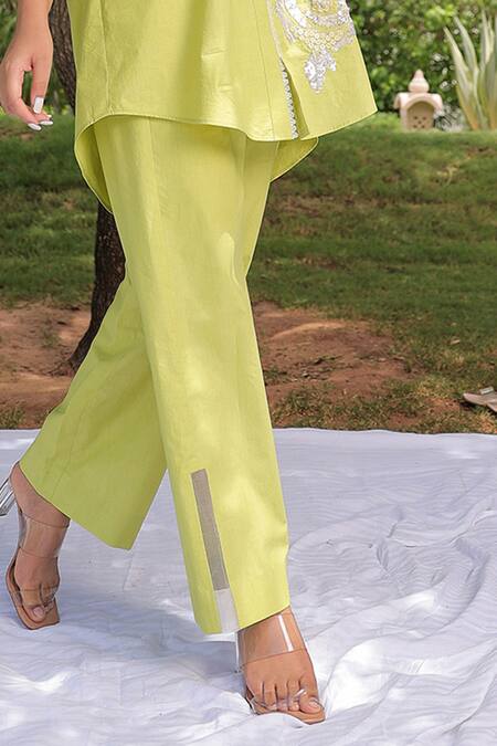 Meher By Islie Green Cotton Embroidery Collared Rose Bud Hand Shirt With Pant at Aza Fashions Meher By Islie_Green Cotton Embroidery Collared Rose Bud Hand Shirt With Pant _at_Aza_Fashions