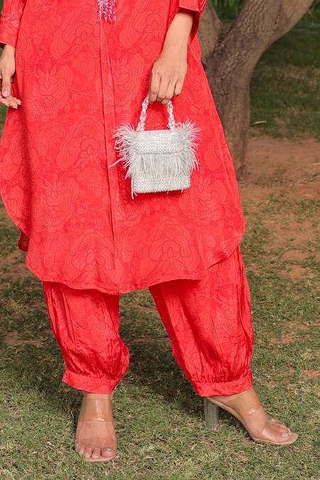 Meher By Islie Red Crepe Beads, Embroidery Split V-neck Scarlet Rose Print Kurta With Pant Online at Aza Fashions Meher By Islie_Red Crepe Beads, Embroidery Split V-neck Scarlet Rose Print Kurta With Pant _Online_at_Aza_Fashions