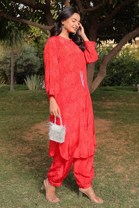 Buy Meher By Islie Red Crepe Beads, Embroidery Split V-neck Scarlet Rose Print Kurta With Pant Online at Aza Fashions Buy_Meher By Islie_Red Crepe Beads, Embroidery Split V-neck Scarlet Rose Print Kurta With Pant _Online_at_Aza_Fashions