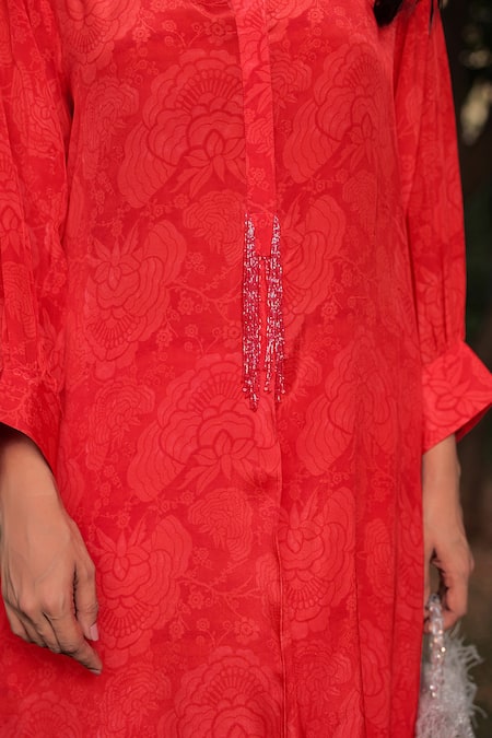 Meher By Islie Red Crepe Beads, Embroidery Split V-neck Scarlet Rose Print Kurta With Pant at Aza Fashions Meher By Islie_Red Crepe Beads, Embroidery Split V-neck Scarlet Rose Print Kurta With Pant _at_Aza_Fashions