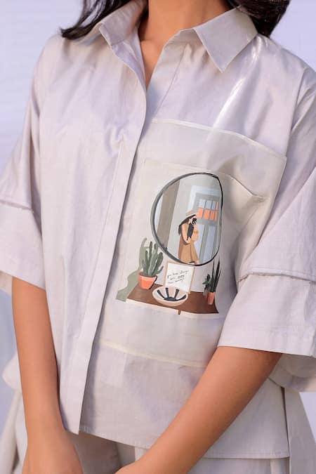 Buy Meher By Islie Grey Cotton Collared Selfie Queen Hand Painted Shirt With Pant Online at Aza Fashions Buy_Meher By Islie_Grey Cotton Collared Selfie Queen Hand Painted Shirt With Pant _Online_at_Aza_Fashions