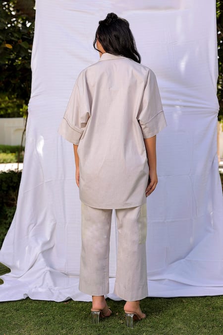 Shop Meher By Islie Grey Cotton Collared Selfie Queen Hand Painted Shirt With Pant at Aza Fashions Shop_Meher By Islie_Grey Cotton Collared Selfie Queen Hand Painted Shirt With Pant _at_Aza_Fashions