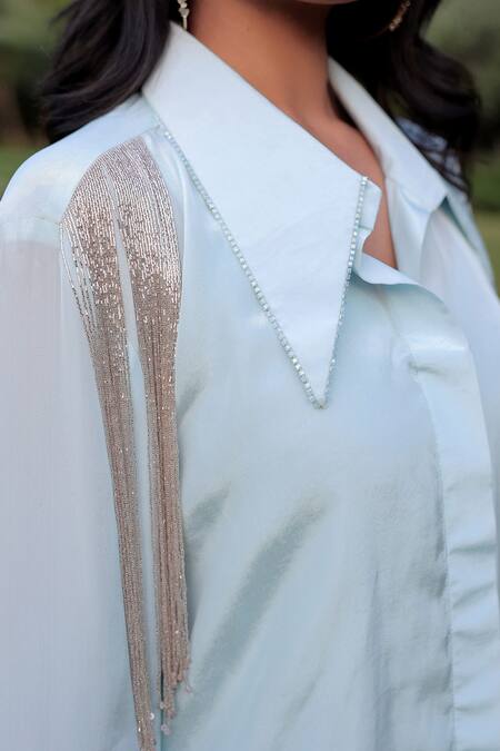 Buy Meher By Islie Blue Crepe Tassels Collared Placement Embellished Shirt With Pant Online at Aza Fashions Buy_Meher By Islie_Blue Crepe Tassels Collared Placement Embellished Shirt With Pant _Online_at_Aza_Fashions