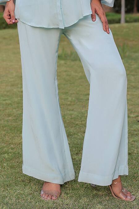 Meher By Islie Blue Crepe Tassels Collared Placement Embellished Shirt With Pant at Aza Fashions Meher By Islie_Blue Crepe Tassels Collared Placement Embellished Shirt With Pant _at_Aza_Fashions