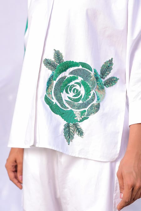 Meher By Islie_White Cotton Sequins Collared Contrast Rose Applique Shirt With Pant _Online_at_Aza_Fashions