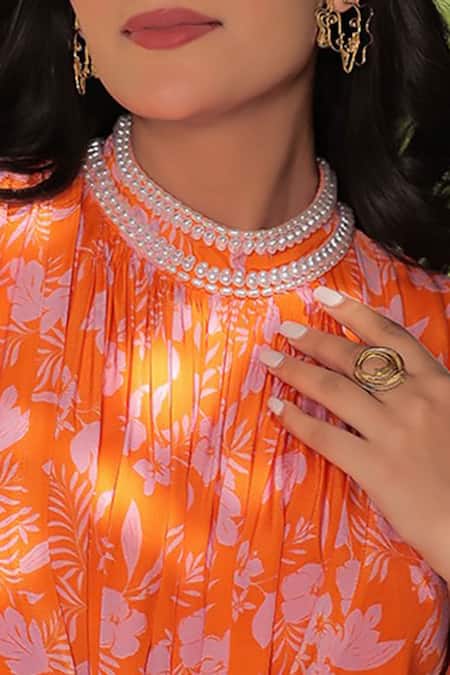 Buy_Meher By Islie_Orange Natural Crepe Print Floral High Round Harem Jumpsuit _Online_at_Aza_Fashions