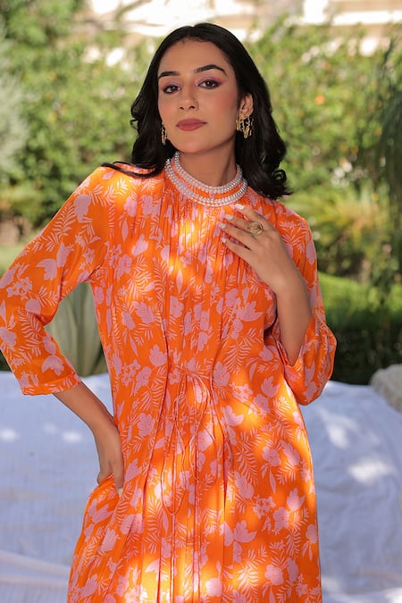 Shop_Meher By Islie_Orange Natural Crepe Print Floral High Round Harem Jumpsuit _Online_at_Aza_Fashions