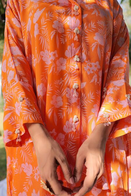 Shop Meher By Islie Orange Crepe Collared Floral Print Shirt With Pant Online at Aza Fashions Shop_Meher By Islie_Orange Crepe Collared Floral Print Shirt With Pant _Online_at_Aza_Fashions