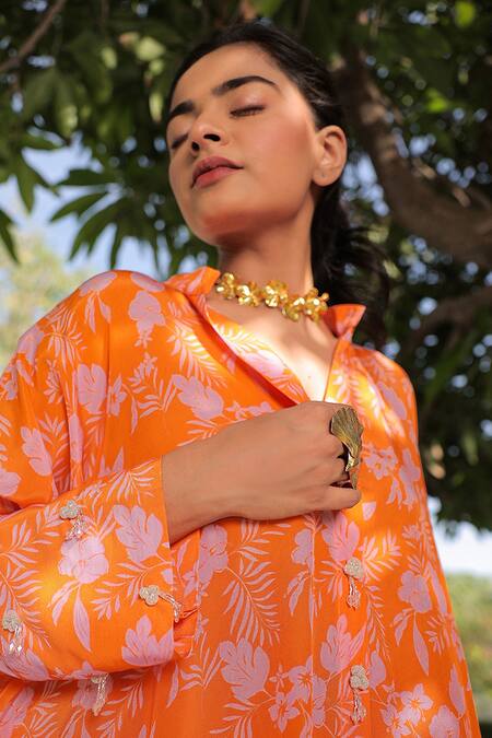 Meher By Islie Orange Crepe Collared Floral Print Shirt With Pant at Aza Fashions Meher By Islie_Orange Crepe Collared Floral Print Shirt With Pant _at_Aza_Fashions