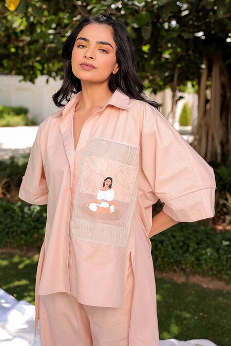 Shop Meher By Islie Beige Cotton Embroidery Collared Yoga Guru Hand Painted Shirt With Pant Online at Aza Fashions Shop_Meher By Islie_Beige Cotton Embroidery Collared Yoga Guru Hand Painted Shirt With Pant _Online_at_Aza_Fashions