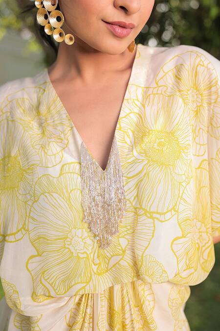 Shop Meher By Islie Green Crepe Sequins, Cut Work V-neck Blossoming Floral Print Kaftan Dress Online at Aza Fashions Shop_Meher By Islie_Green Crepe Sequins, Cut Work V-neck Blossoming Floral Print Kaftan Dress _Online_at_Aza_Fashions