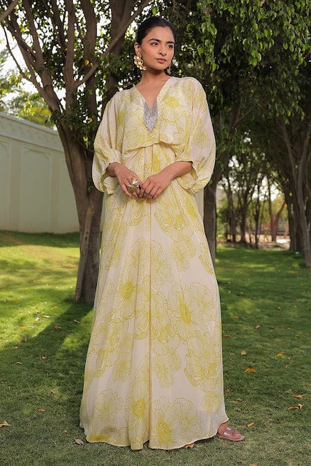 Shop Meher By Islie Green Crepe Sequins, Cut Work V-neck Blossoming Floral Print Kaftan Dress at Aza Fashions Shop_Meher By Islie_Green Crepe Sequins, Cut Work V-neck Blossoming Floral Print Kaftan Dress _at_Aza_Fashions