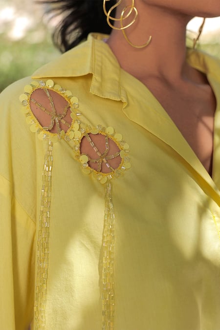 Meher By Islie Green Cotton Sequins, Embroidery Collared Circular Web Cutwork Shirt And Pant Set at Aza Fashions Meher By Islie_Green Cotton Sequins, Embroidery Collared Circular Web Cutwork Shirt And Pant Set _at_Aza_Fashions