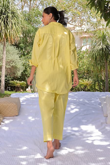 Shop Meher By Islie Green Cotton Sequins, Embroidery Collared Circular Web Cutwork Shirt And Pant Set at Aza Fashions Shop_Meher By Islie_Green Cotton Sequins, Embroidery Collared Circular Web Cutwork Shirt And Pant Set _at_Aza_Fashions