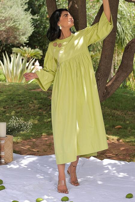 Meher By Islie Green Cotton Sequins, Cut Work Round Circular Web Embroidered Gathered Dress Online at Aza Fashions Meher By Islie_Green Cotton Sequins, Cut Work Round Circular Web Embroidered Gathered Dress _Online_at_Aza_Fashions