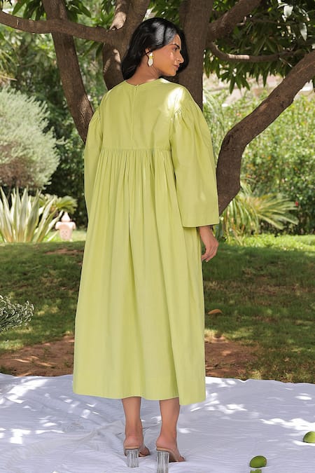 Shop Meher By Islie Green Cotton Sequins, Cut Work Round Circular Web Embroidered Gathered Dress at Aza Fashions Shop_Meher By Islie_Green Cotton Sequins, Cut Work Round Circular Web Embroidered Gathered Dress _at_Aza_Fashions