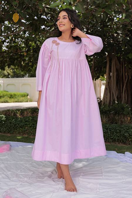 Meher By Islie_Pink Cotton Sequins, Cut Work Round Circular Web Embroidered Gathered Dress _Online_at_Aza_Fashions