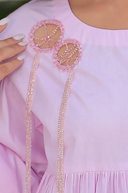 Buy_Meher By Islie_Pink Cotton Sequins, Cut Work Round Circular Web Embroidered Gathered Dress _Online_at_Aza_Fashions