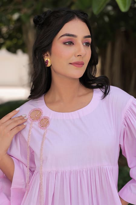 Shop_Meher By Islie_Pink Cotton Sequins, Cut Work Round Circular Web Embroidered Gathered Dress _Online_at_Aza_Fashions