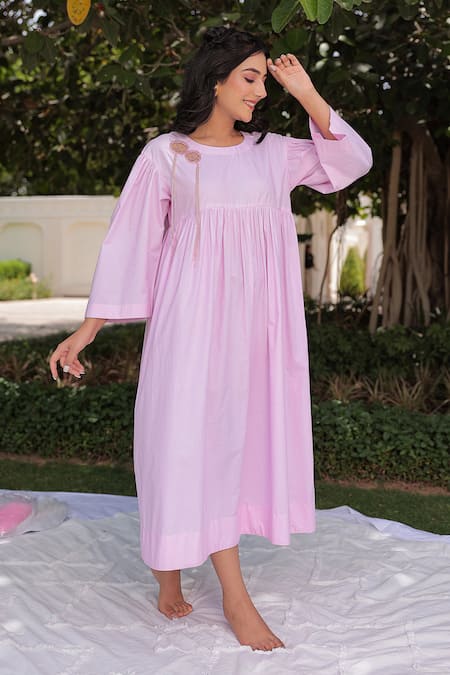 Meher By Islie_Pink Cotton Sequins, Cut Work Round Circular Web Embroidered Gathered Dress _at_Aza_Fashions