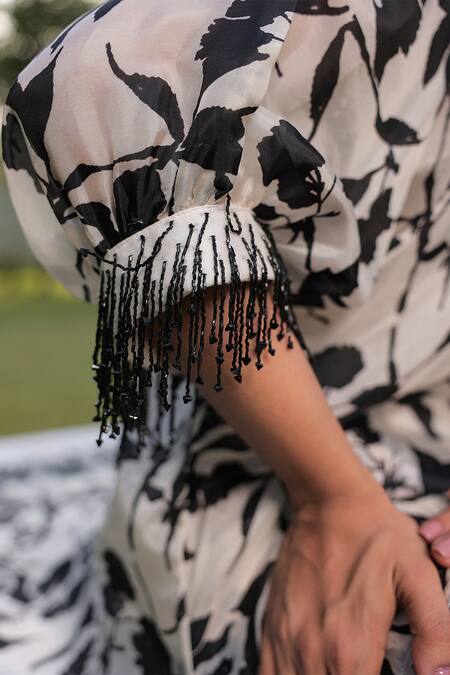 Buy Meher By Islie White Crepe Embroidery V-neck Ebony Bloom Print Shirt And Pant Set Online at Aza Fashions Buy_Meher By Islie_White Crepe Embroidery V-neck Ebony Bloom Print Shirt And Pant Set _Online_at_Aza_Fashions