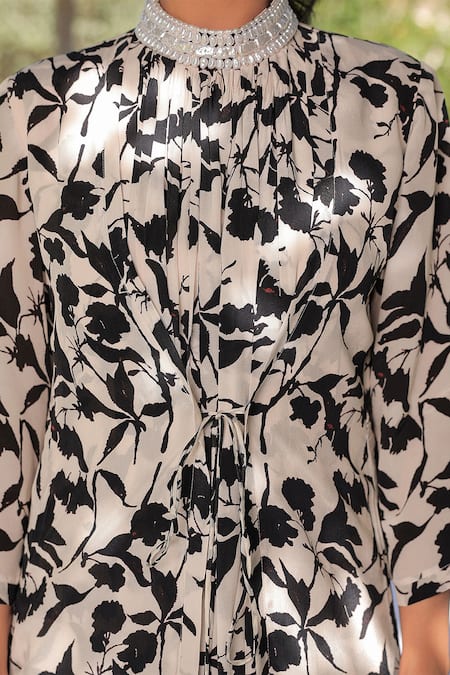 Shop Meher By Islie White Crepe Pearls Round Neck Ebony Bloom Print Harem Jumpsuit Online at Aza Fashions Shop_Meher By Islie_White Crepe Pearls Round Neck Ebony Bloom Print Harem Jumpsuit _Online_at_Aza_Fashions