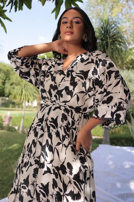 Meher By Islie_White Crepe Beads V-neck Ebony Bloom Print Dress _Online_at_Aza_Fashions