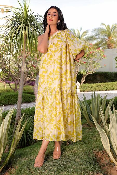 Meher By Islie Green Silk One Shoulder Ebony Printed Dress Online at Aza Fashions Meher By Islie_Green Silk One Shoulder Ebony Printed Dress _Online_at_Aza_Fashions