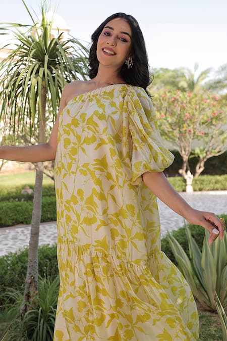 Buy Meher By Islie Green Silk One Shoulder Ebony Printed Dress Online at Aza Fashions Buy_Meher By Islie_Green Silk One Shoulder Ebony Printed Dress _Online_at_Aza_Fashions