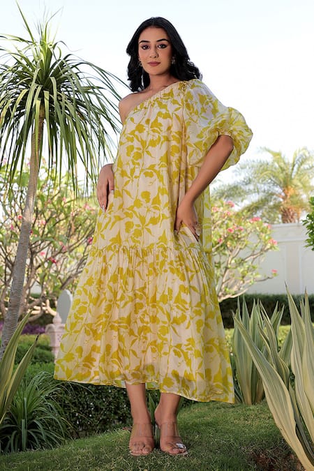 Shop Meher By Islie Green Silk One Shoulder Ebony Printed Dress at Aza Fashions Shop_Meher By Islie_Green Silk One Shoulder Ebony Printed Dress _at_Aza_Fashions