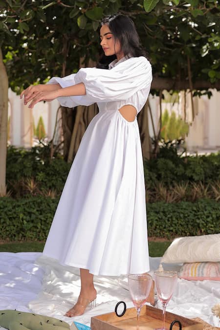 Meher By Islie White Cotton, Organza Pearls Collared Emily Embellished Dress Online at Aza Fashions Meher By Islie_White Cotton, Organza Pearls Collared Emily Embellished Dress _Online_at_Aza_Fashions