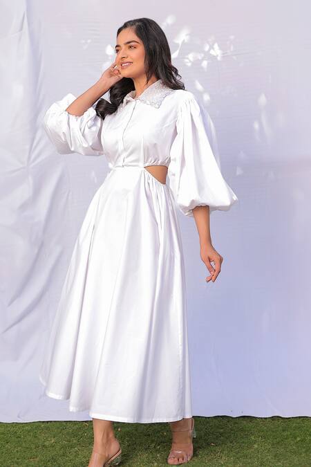 Shop Meher By Islie White Cotton, Organza Pearls Collared Emily Embellished Dress Online at Aza Fashions Shop_Meher By Islie_White Cotton, Organza Pearls Collared Emily Embellished Dress _Online_at_Aza_Fashions