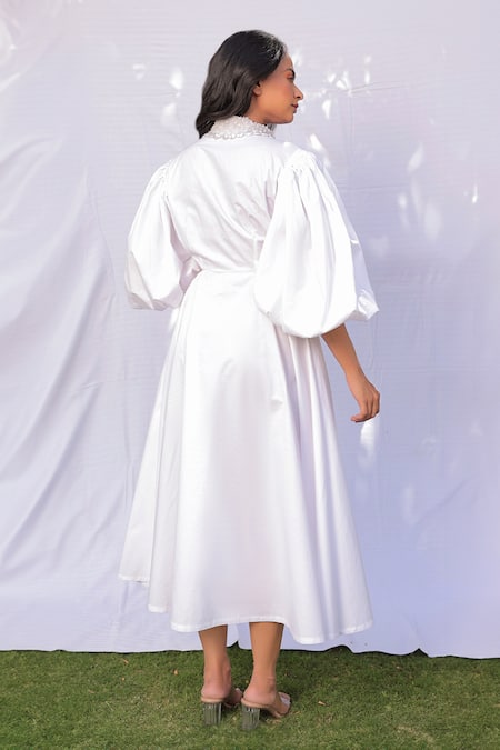 Shop Meher By Islie White Cotton, Organza Pearls Collared Emily Embellished Dress at Aza Fashions Shop_Meher By Islie_White Cotton, Organza Pearls Collared Emily Embellished Dress _at_Aza_Fashions