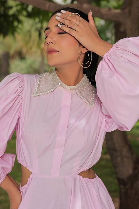 Shop Meher By Islie Pink Cotton, Organza Pearls Collared Emily Embellished Dress Online at Aza Fashions Shop_Meher By Islie_Pink Cotton, Organza Pearls Collared Emily Embellished Dress _Online_at_Aza_Fashions