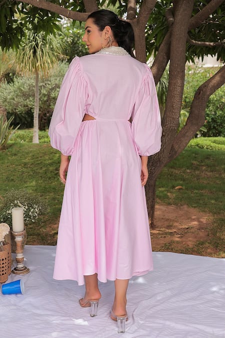 Shop Meher By Islie Pink Cotton, Organza Pearls Collared Emily Embellished Dress at Aza Fashions Shop_Meher By Islie_Pink Cotton, Organza Pearls Collared Emily Embellished Dress _at_Aza_Fashions