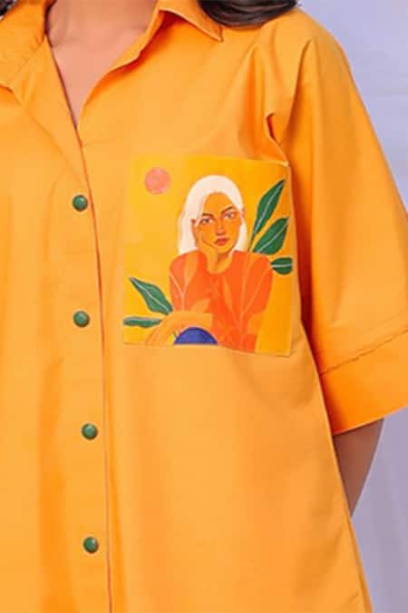 Meher By Islie Orange Cotton Collared Gigi Hand Painted Shirt And Pant Set Online at Aza Fashions Meher By Islie_Orange Cotton Collared Gigi Hand Painted Shirt And Pant Set _Online_at_Aza_Fashions
