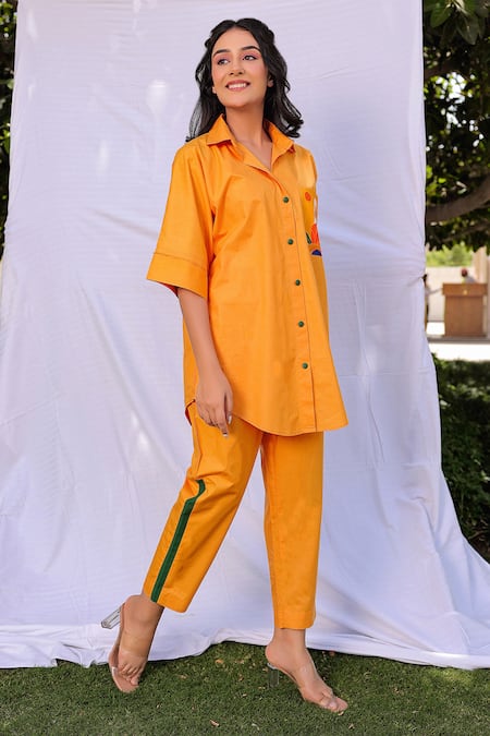 Shop Meher By Islie Orange Cotton Collared Gigi Hand Painted Shirt And Pant Set Online at Aza Fashions Shop_Meher By Islie_Orange Cotton Collared Gigi Hand Painted Shirt And Pant Set _Online_at_Aza_Fashions
