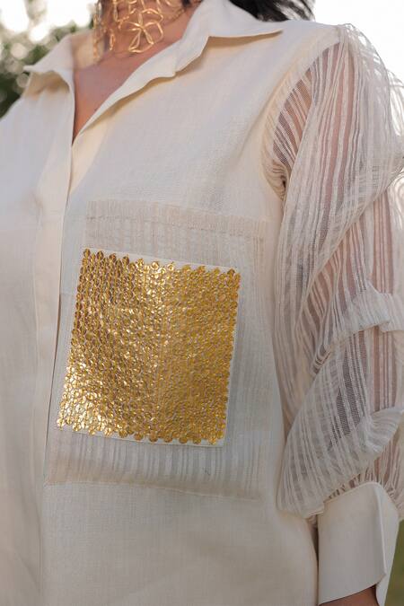 Meher By Islie_Beige Chanderi Sequins Collared Stripe Woven Shirt And Pant Set _Online_at_Aza_Fashions