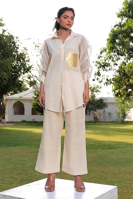 MEHER BY ISLIE Beige Chanderi Woven Stripe Collar Shirt And Pant Set 