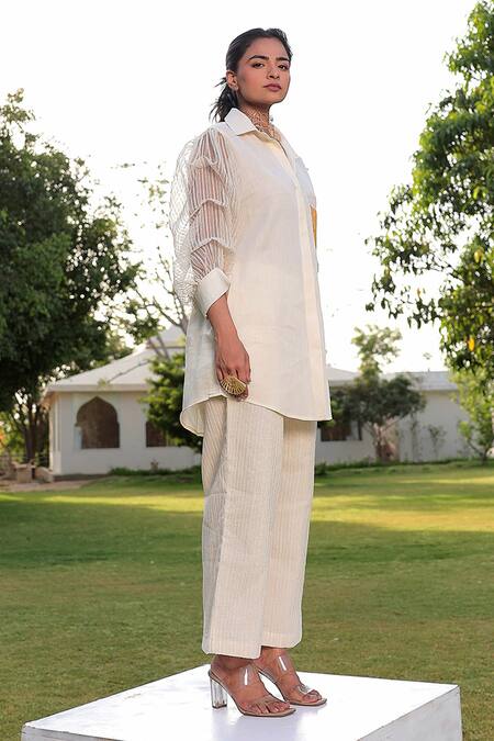 Shop_Meher By Islie_Beige Chanderi Sequins Collared Stripe Woven Shirt And Pant Set _at_Aza_Fashions