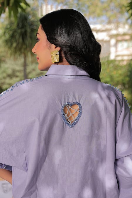 Meher By Islie Blue Cotton Beads Collared Heart Web Cutwork Embroidered Shirt And Pant Set Online at Aza Fashions Meher By Islie_Blue Cotton Beads Collared Heart Web Cutwork Embroidered Shirt And Pant Set _Online_at_Aza_Fashions