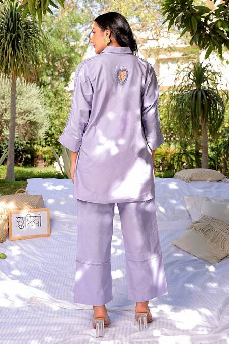 Shop Meher By Islie Blue Cotton Beads Collared Heart Web Cutwork Embroidered Shirt And Pant Set at Aza Fashions Shop_Meher By Islie_Blue Cotton Beads Collared Heart Web Cutwork Embroidered Shirt And Pant Set _at_Aza_Fashions