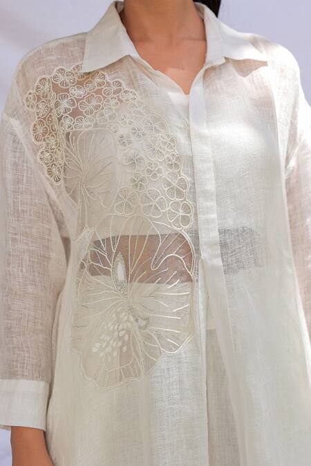 Shop Meher By Islie White Linen Embroidery Collared Hibiscus Shirt And Pant Set Online at Aza Fashions Shop_Meher By Islie_White Linen Embroidery Collared Hibiscus Shirt And Pant Set _Online_at_Aza_Fashions