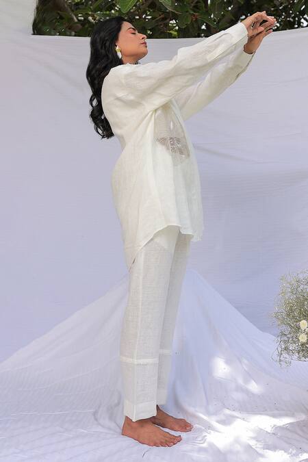 Buy Meher By Islie White Linen Embroidery Collared Hibiscus Shirt And Pant Set Online at Aza Fashions Buy_Meher By Islie_White Linen Embroidery Collared Hibiscus Shirt And Pant Set _Online_at_Aza_Fashions