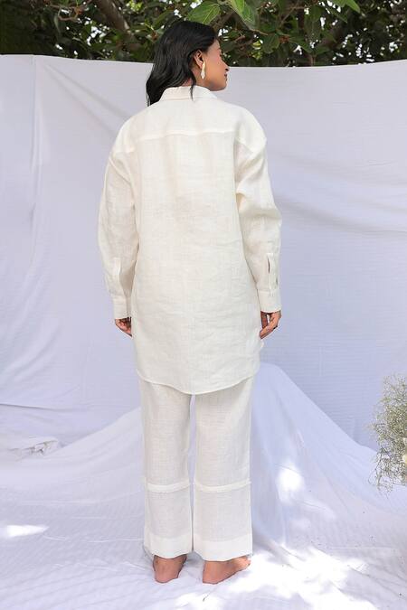 Shop Meher By Islie White Linen Embroidery Collared Hibiscus Shirt And Pant Set at Aza Fashions Shop_Meher By Islie_White Linen Embroidery Collared Hibiscus Shirt And Pant Set _at_Aza_Fashions