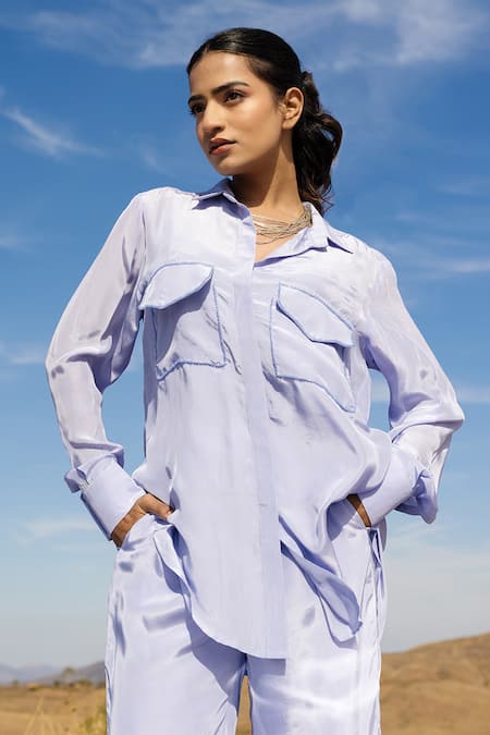 Shop_Meher By Islie_Blue Crepe Beads Patch Pocket Shirt With Pant _at_Aza_Fashions